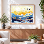Finished golden sunrise over mountains paint by numbers artwork displayed as home decor