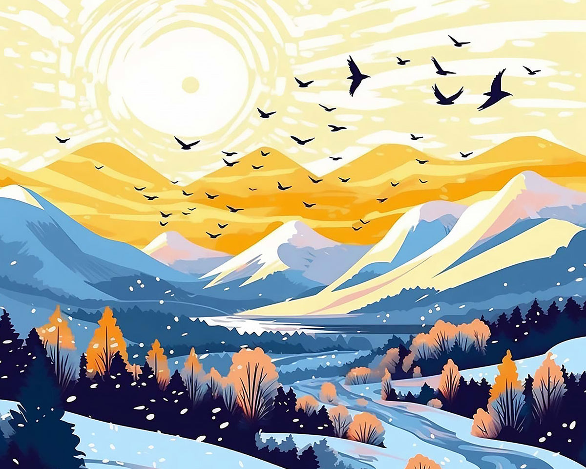 Golden sunrise over mountains paint by numbers kit for beginners