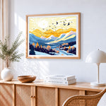 Golden sunrise over mountains paint by numbers artwork displayed on wall as home decor