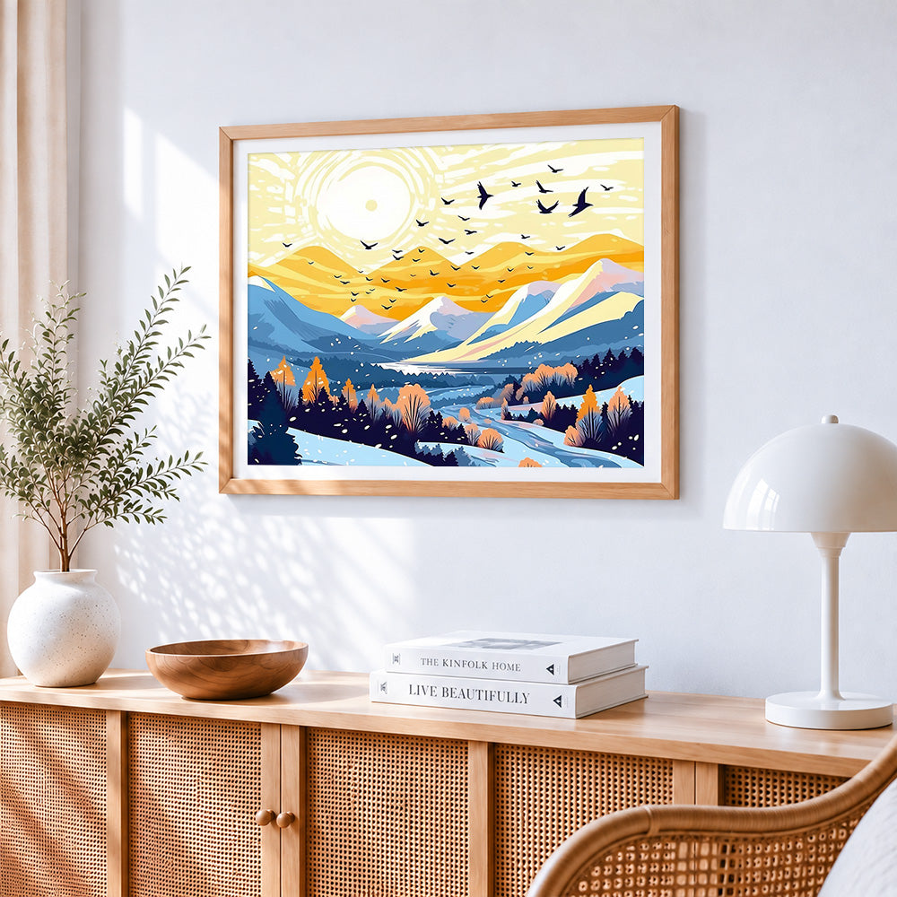 Golden sunrise over mountains paint by numbers artwork displayed on wall as home decor