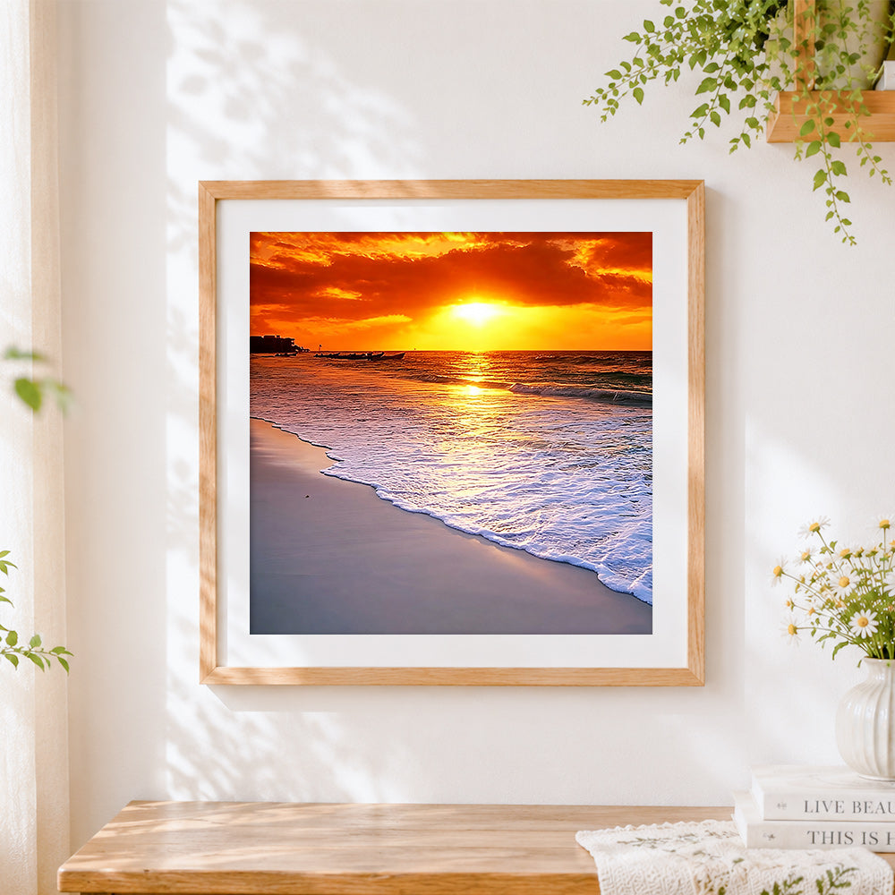 Finished golden sunset over ocean cross stitch artwork displayed