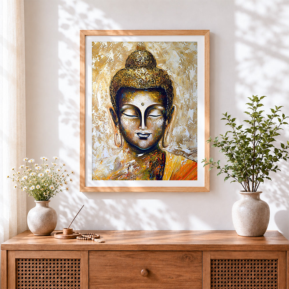 Finished golden textured buddha portrait cross stitch artwork displayed