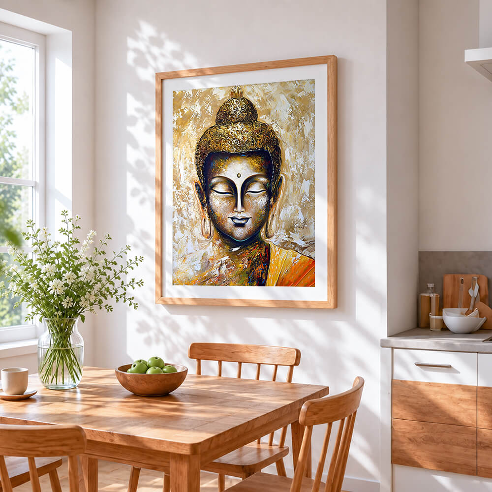 Golden textured buddha portrait cross stitch artwork displayed on wall as home decor