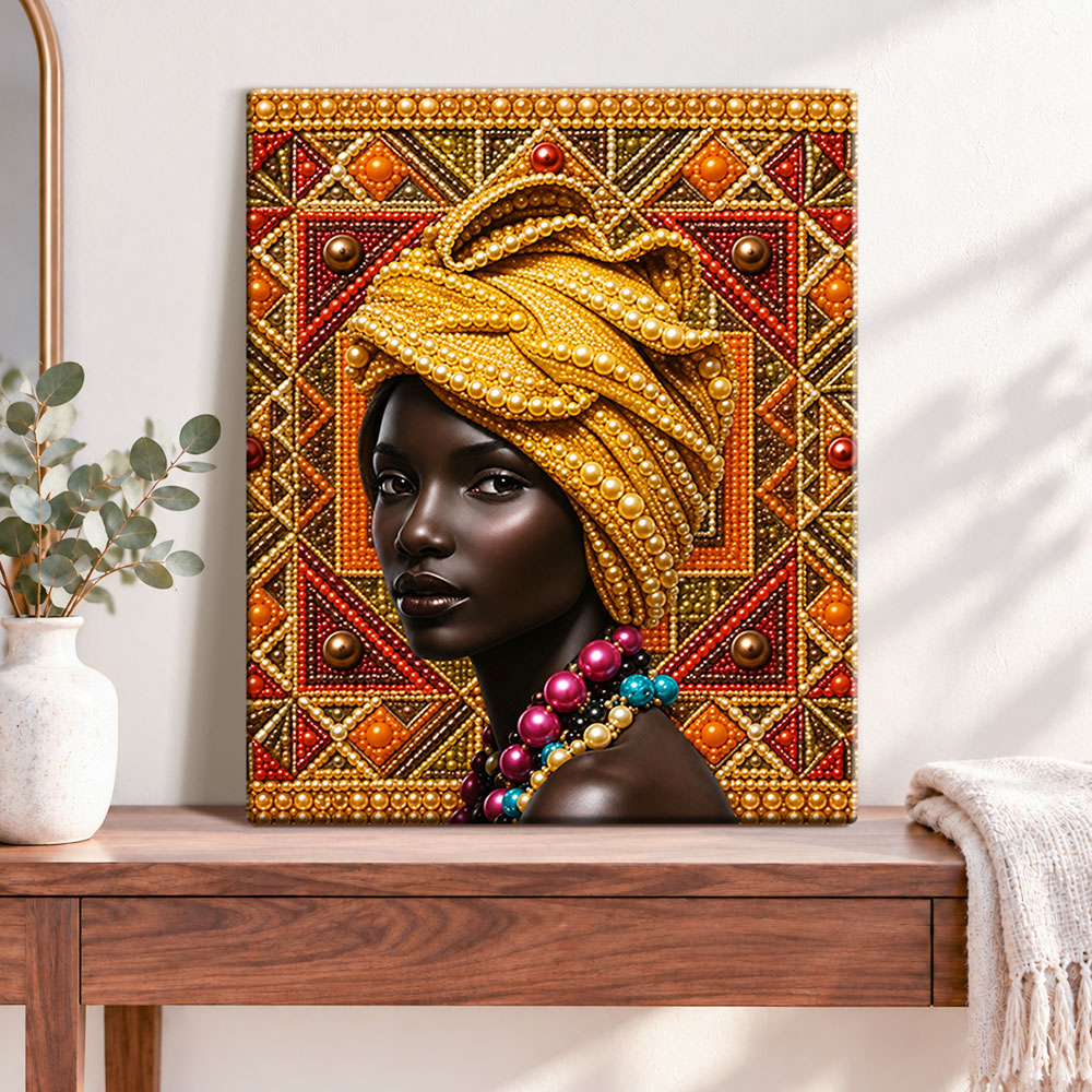 Finished golden turban portrait pearl diamond painting artwork displayed as home decor