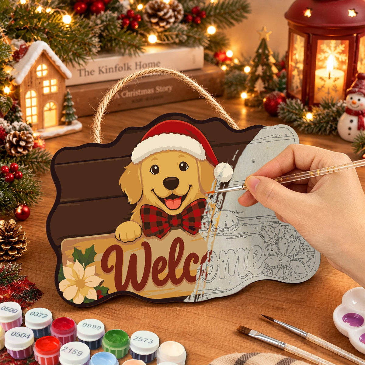 Golden welcome sign paint by numbers door hanger painting process