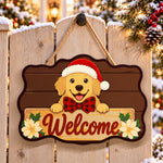 Golden welcome sign paint by numbers door hanger on a garden gate