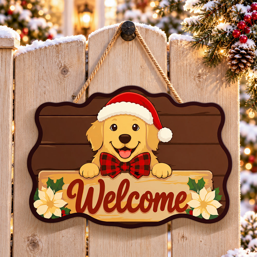 Golden welcome sign paint by numbers door hanger on a garden gate