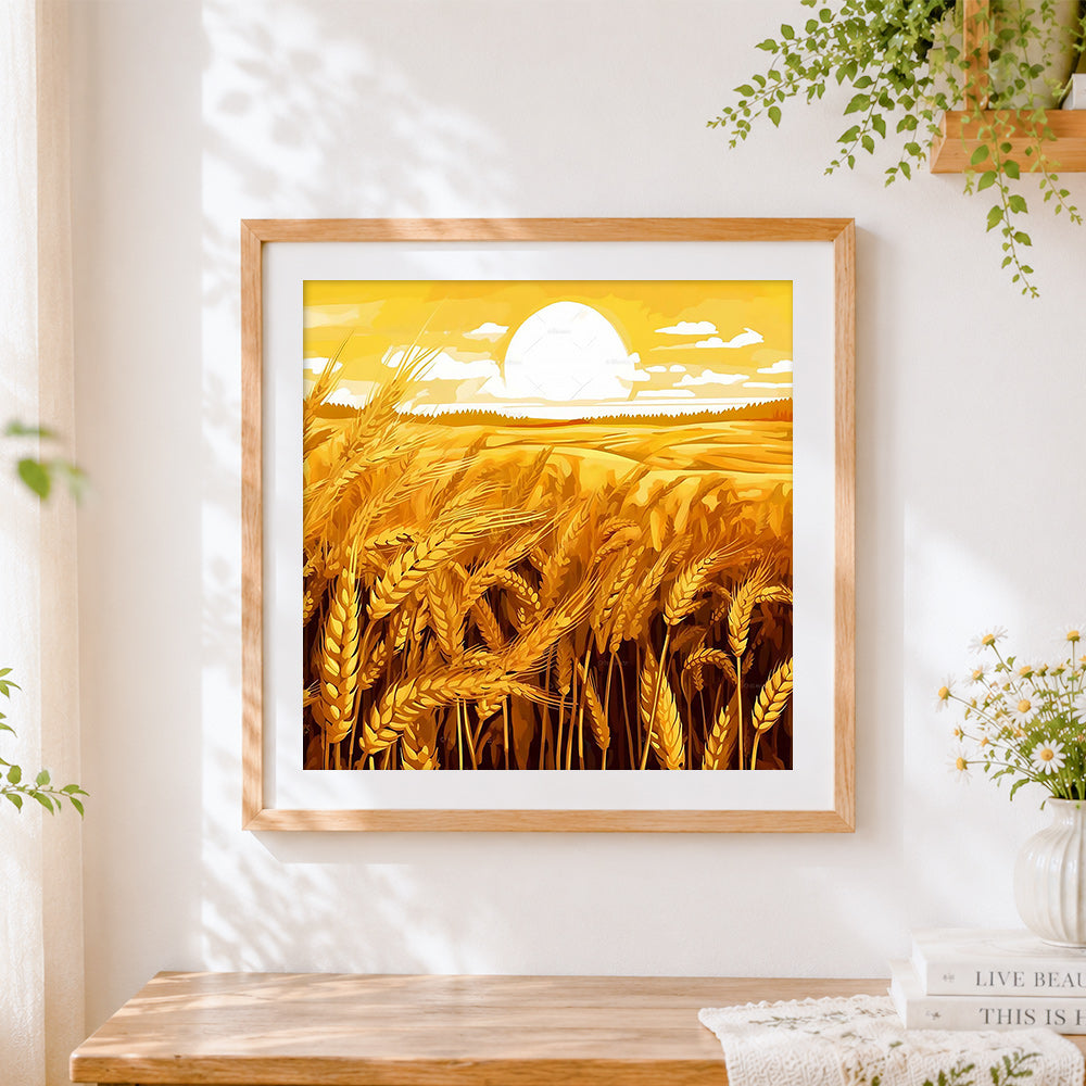 Finished golden wheat field at sunset cross stitch artwork displayed