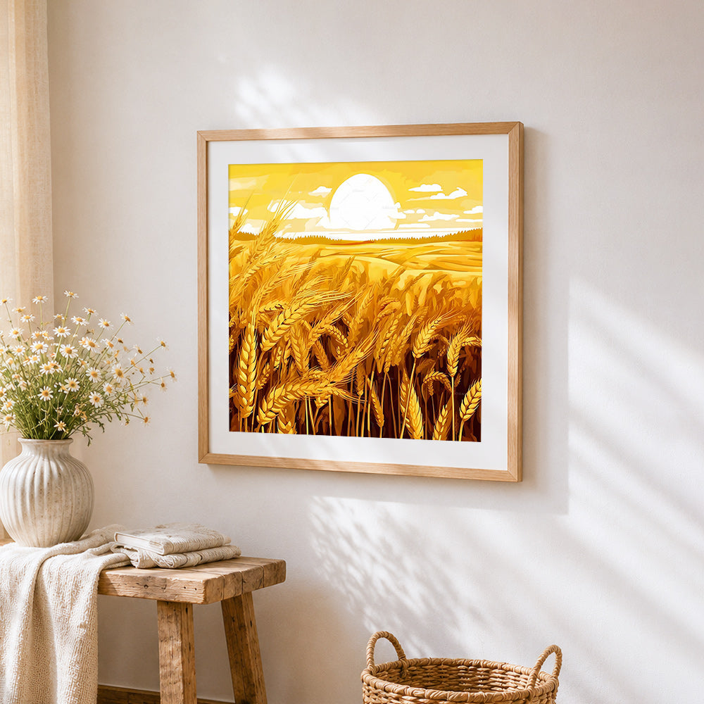 Golden wheat field at sunset cross stitch artwork displayed on wall as home decor