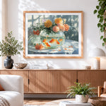 Finished goldfish and blooms in glass bowl paint by numbers artwork displayed as home decor