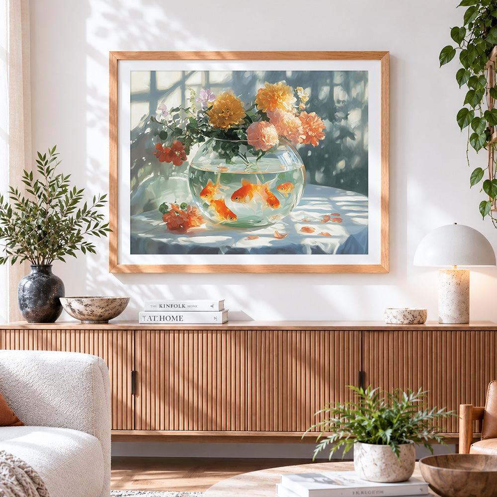 Finished goldfish and blooms in glass bowl paint by numbers artwork displayed as home decor