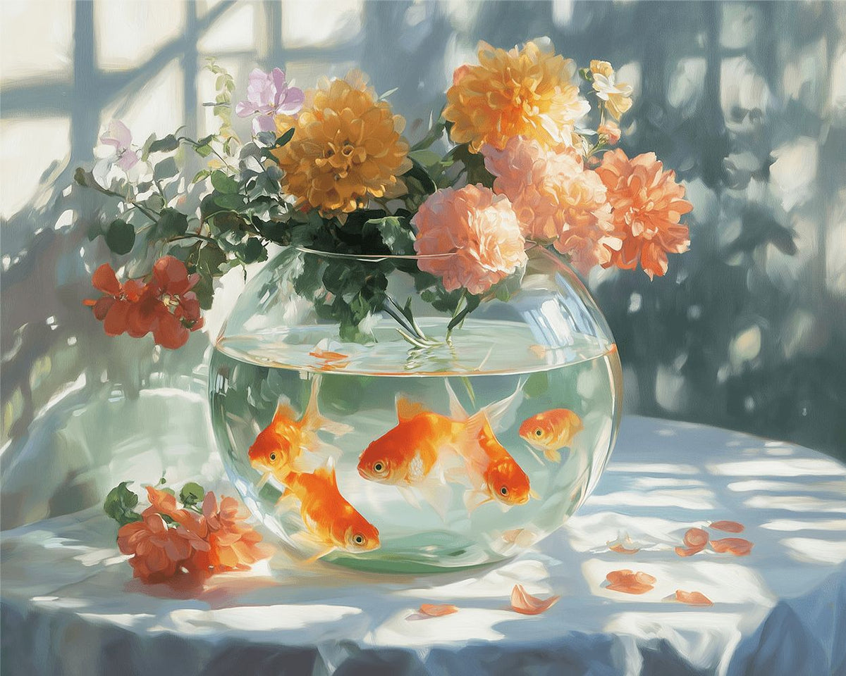 Goldfish and blooms in glass bowl paint by numbers kit for beginners