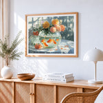Goldfish and blooms in glass bowl paint by numbers artwork displayed on wall as home decor