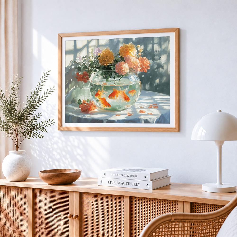 Goldfish and blooms in glass bowl paint by numbers artwork displayed on wall as home decor