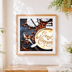 Finished good morning latte art cross stitch artwork displayed