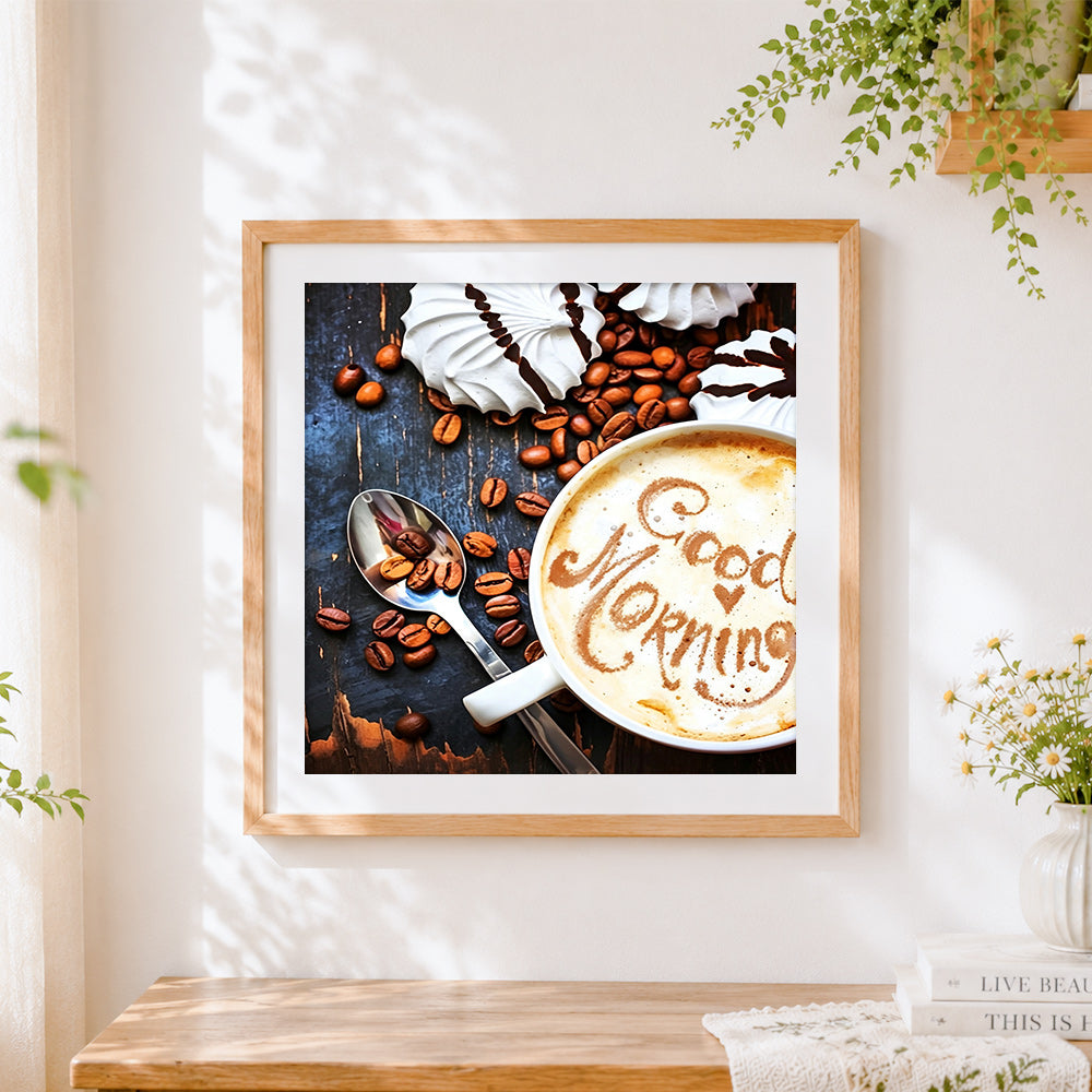 Finished good morning latte art cross stitch artwork displayed