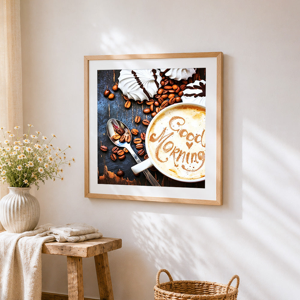 Good morning latte art cross stitch artwork displayed on wall as home decor