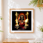 Finished gothic grim reaper and demon with skulls cross stitch artwork displayed