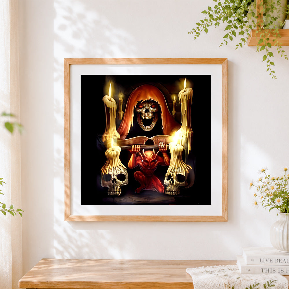 Finished gothic grim reaper and demon with skulls cross stitch artwork displayed