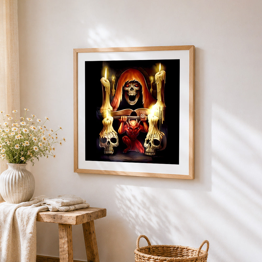 Gothic grim reaper and demon with skulls cross stitch artwork displayed on wall as home decor