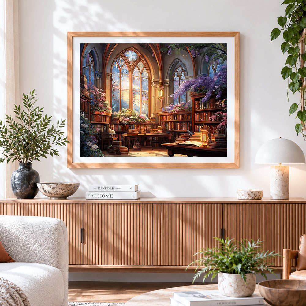 Finished gothic library with wisteria cross stitch artwork displayed