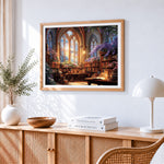 Gothic library with wisteria cross stitch artwork displayed on wall as home decor