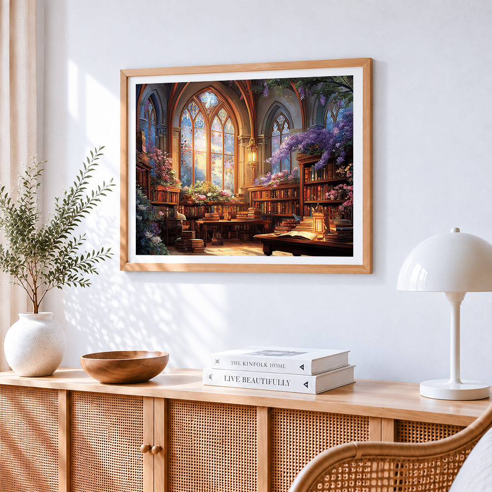 Gothic library with wisteria cross stitch artwork displayed on wall as home decor
