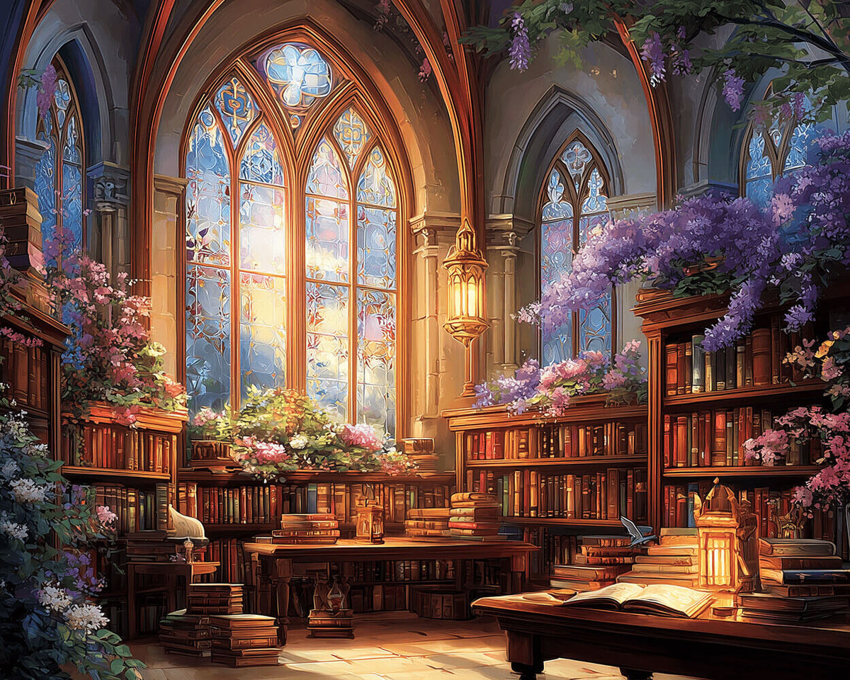 Gothic library with wisteria paint by numbers kit for beginners