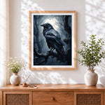 Finished gothic raven in moonlit forest cross stitch artwork displayed