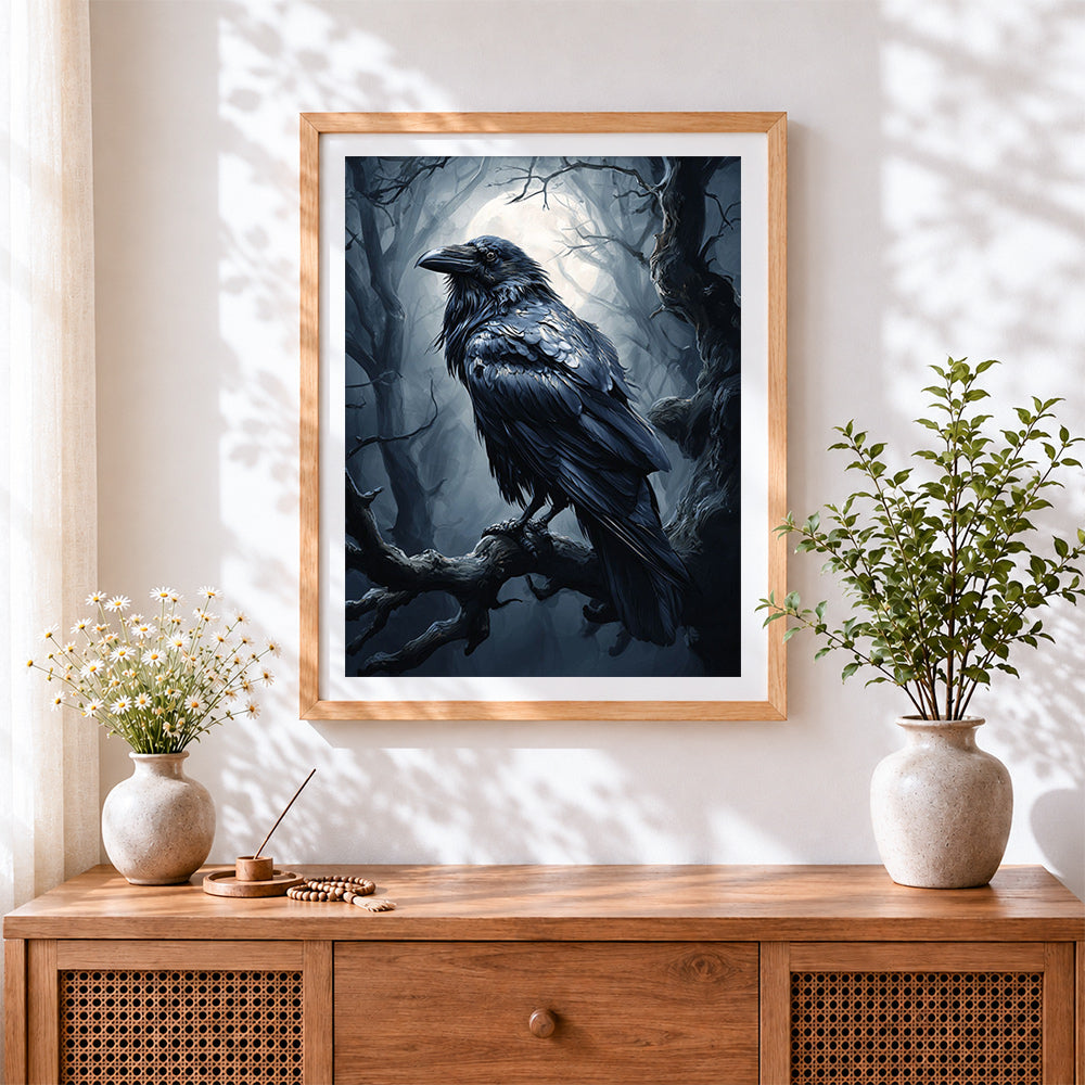 Finished gothic raven in moonlit forest cross stitch artwork displayed