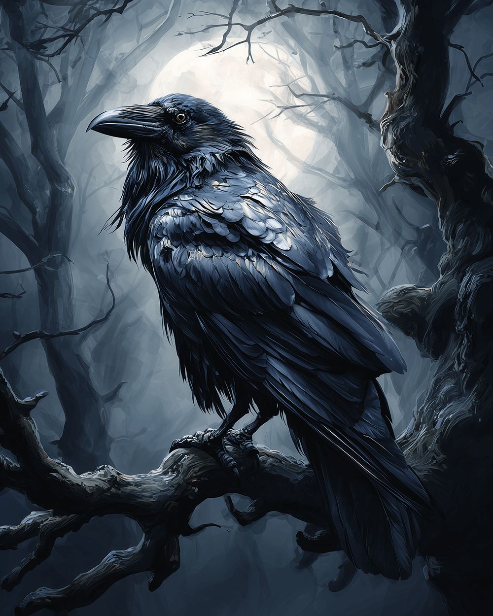 Gothic raven in moonlit forest cross stitch kit for beginners