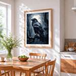 Gothic raven in moonlit forest cross stitch artwork displayed on wall as home decor