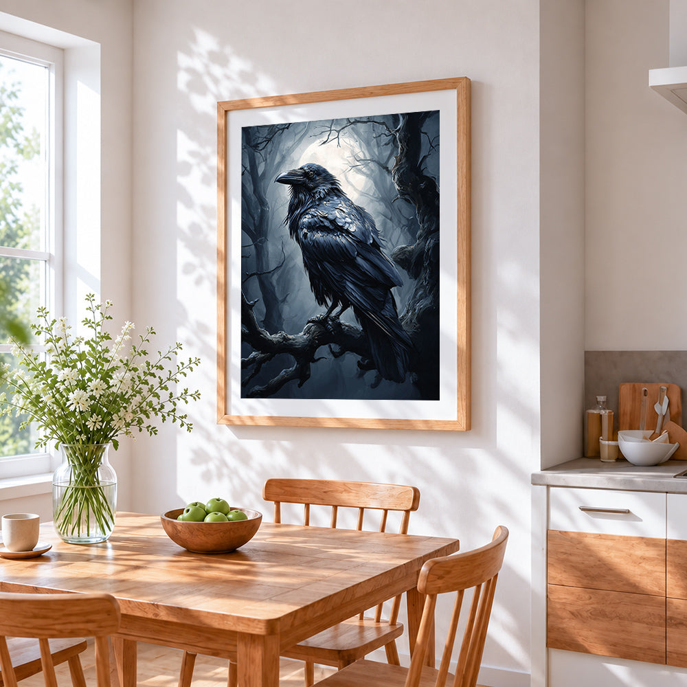 Gothic raven in moonlit forest cross stitch artwork displayed on wall as home decor