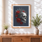 Finished gothic silver skull with red roses cross stitch artwork displayed