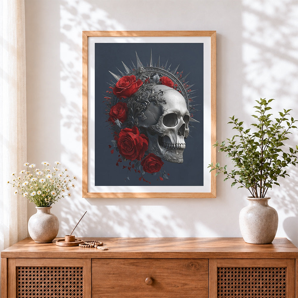Finished gothic silver skull with red roses cross stitch artwork displayed