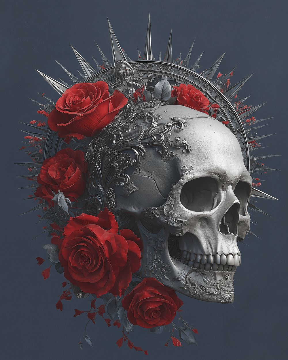 Gothic silver skull with red roses cross stitch kit for beginners
