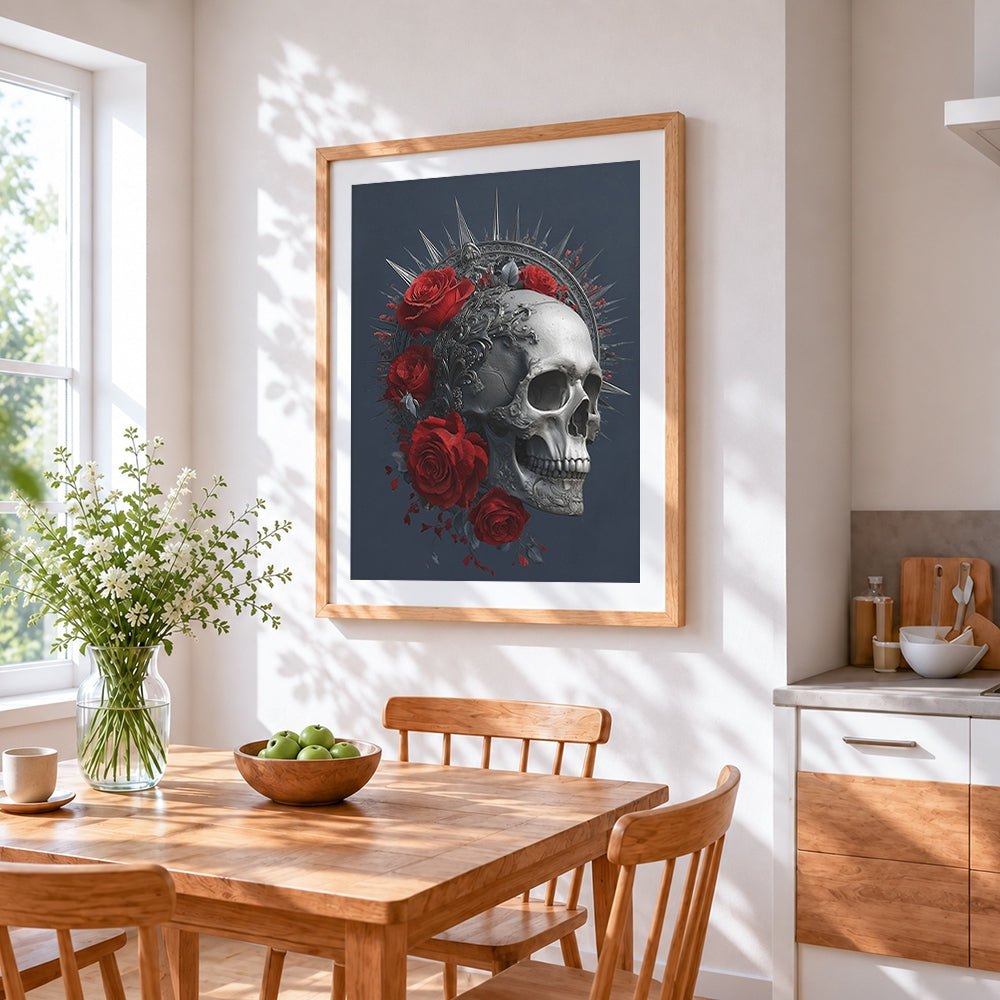 Gothic silver skull with red roses cross stitch artwork displayed on wall as home decor
