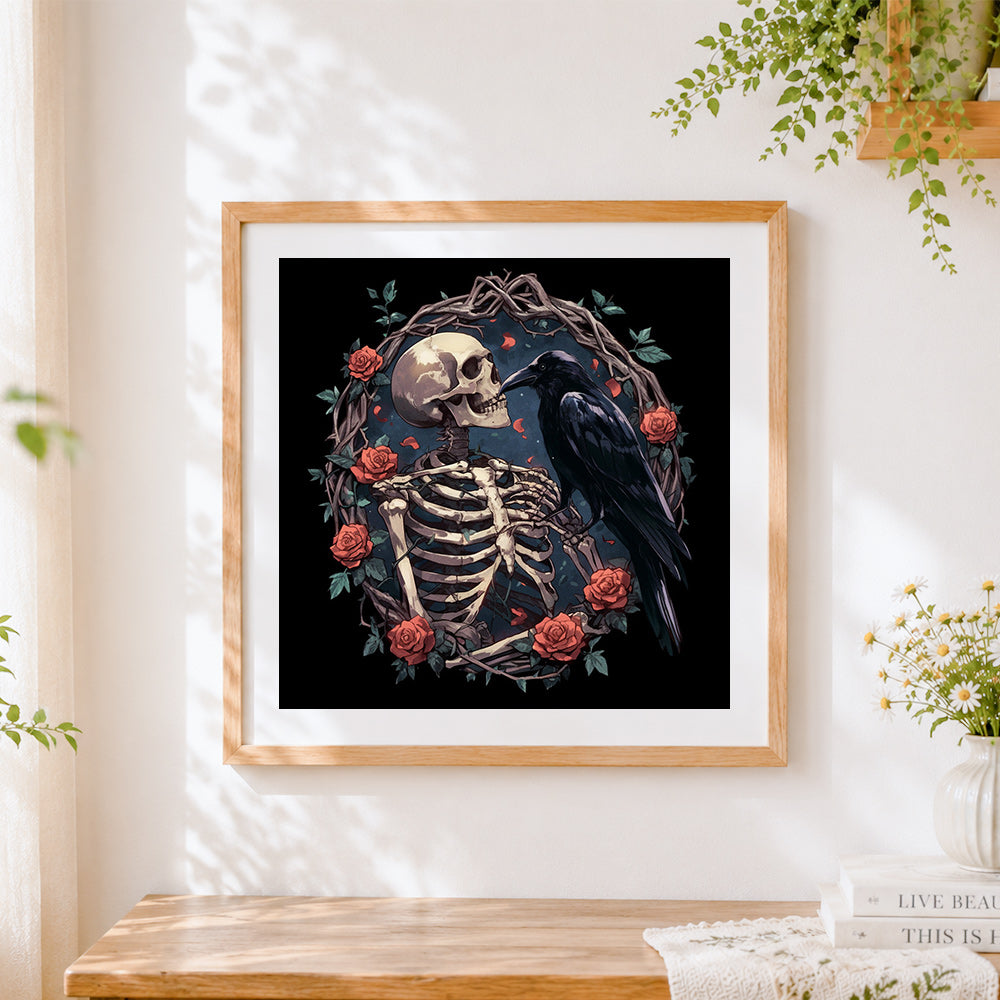 Finished gothic skeleton, raven and roses cross stitch artwork displayed