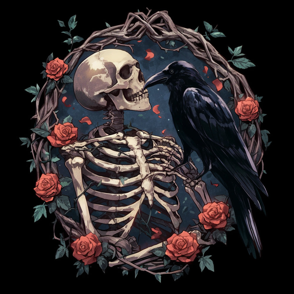 Gothic skeleton, raven and roses cross stitch kit for beginners