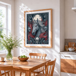 Gothic skull unicorn cross stitch artwork displayed on wall as home decor