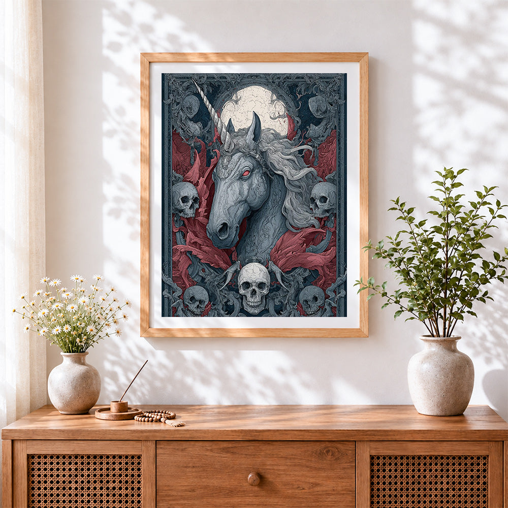 Finished gothic skull unicorn paint by numbers artwork displayed as home decor