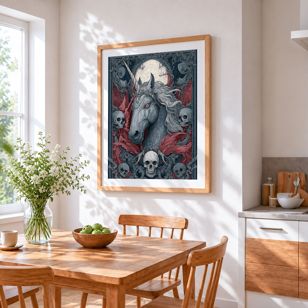Gothic skull unicorn paint by numbers artwork displayed on wall as home decor
