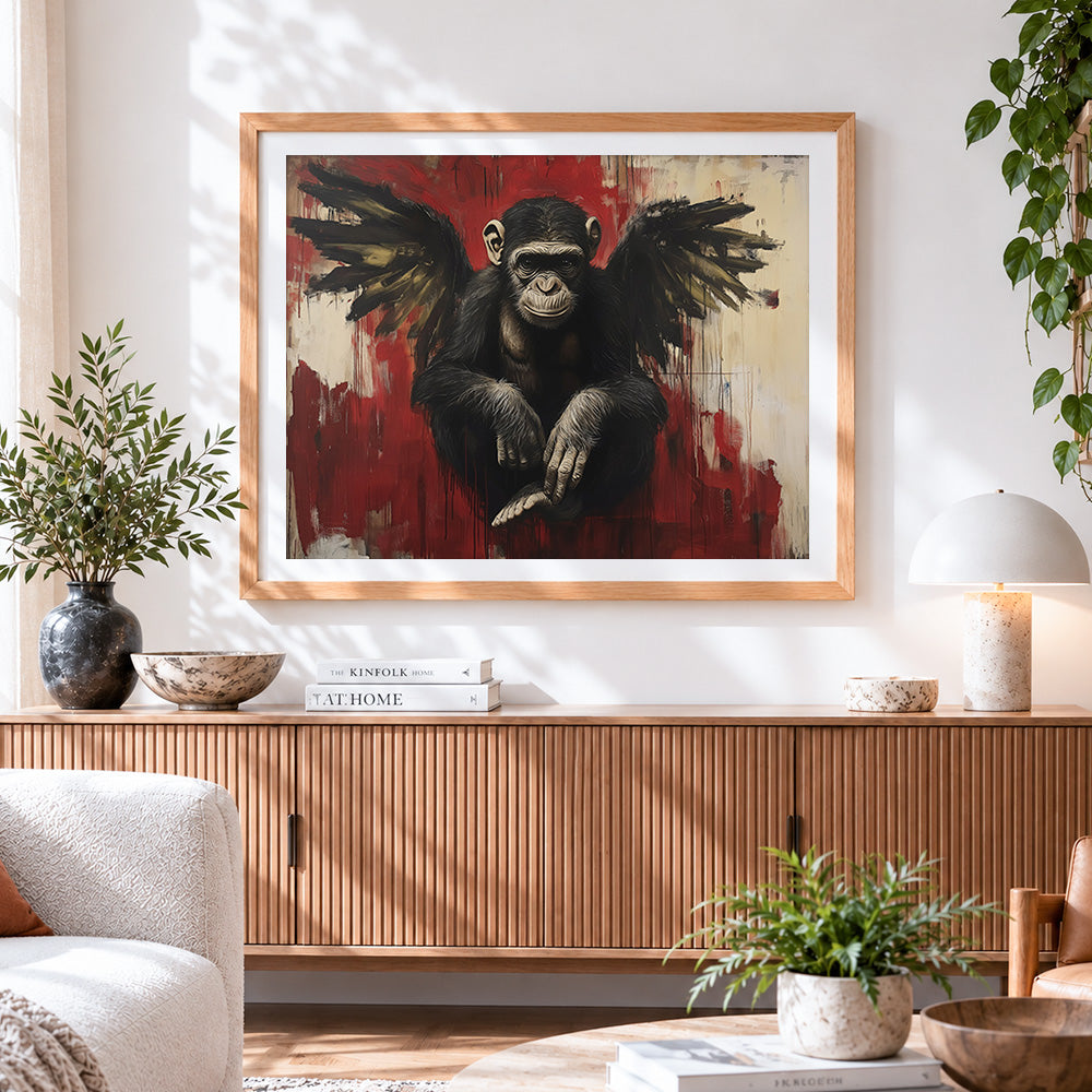 Finished graffiti chimpanzee with wings cross stitch artwork displayed