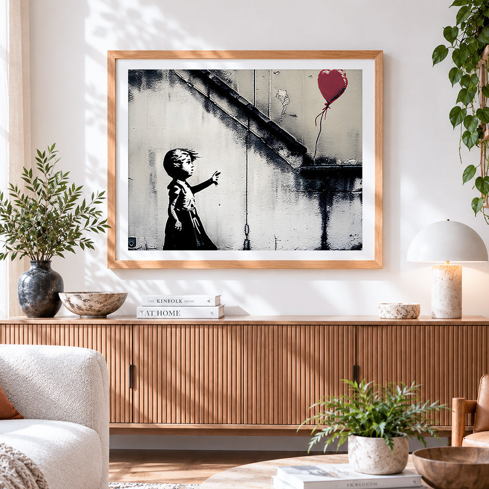 Finished graffiti girl and flying red balloon paint by numbers artwork displayed as home decor