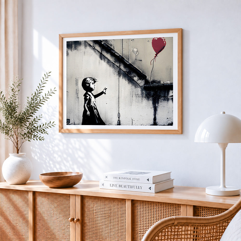Graffiti girl and flying red balloon paint by numbers artwork displayed on wall as home decor