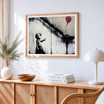 Graffiti girl and flying red balloon paint by numbers artwork displayed on wall as home decor