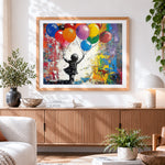 Finished graffiti girl with balloons cross stitch artwork displayed