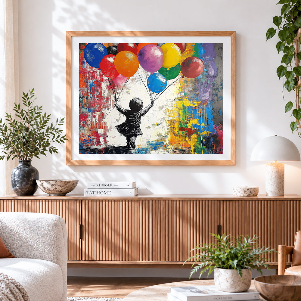 Finished graffiti girl with balloons cross stitch artwork displayed