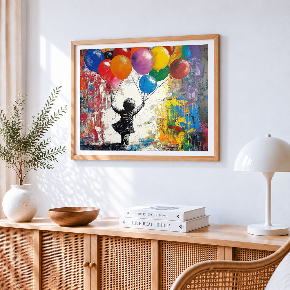 Graffiti girl with balloons cross stitch artwork displayed on wall as home decor