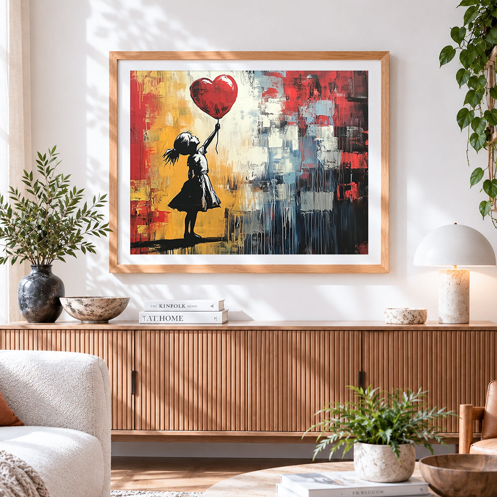 Finished graffiti girl with red balloon paint by numbers artwork displayed as home decor